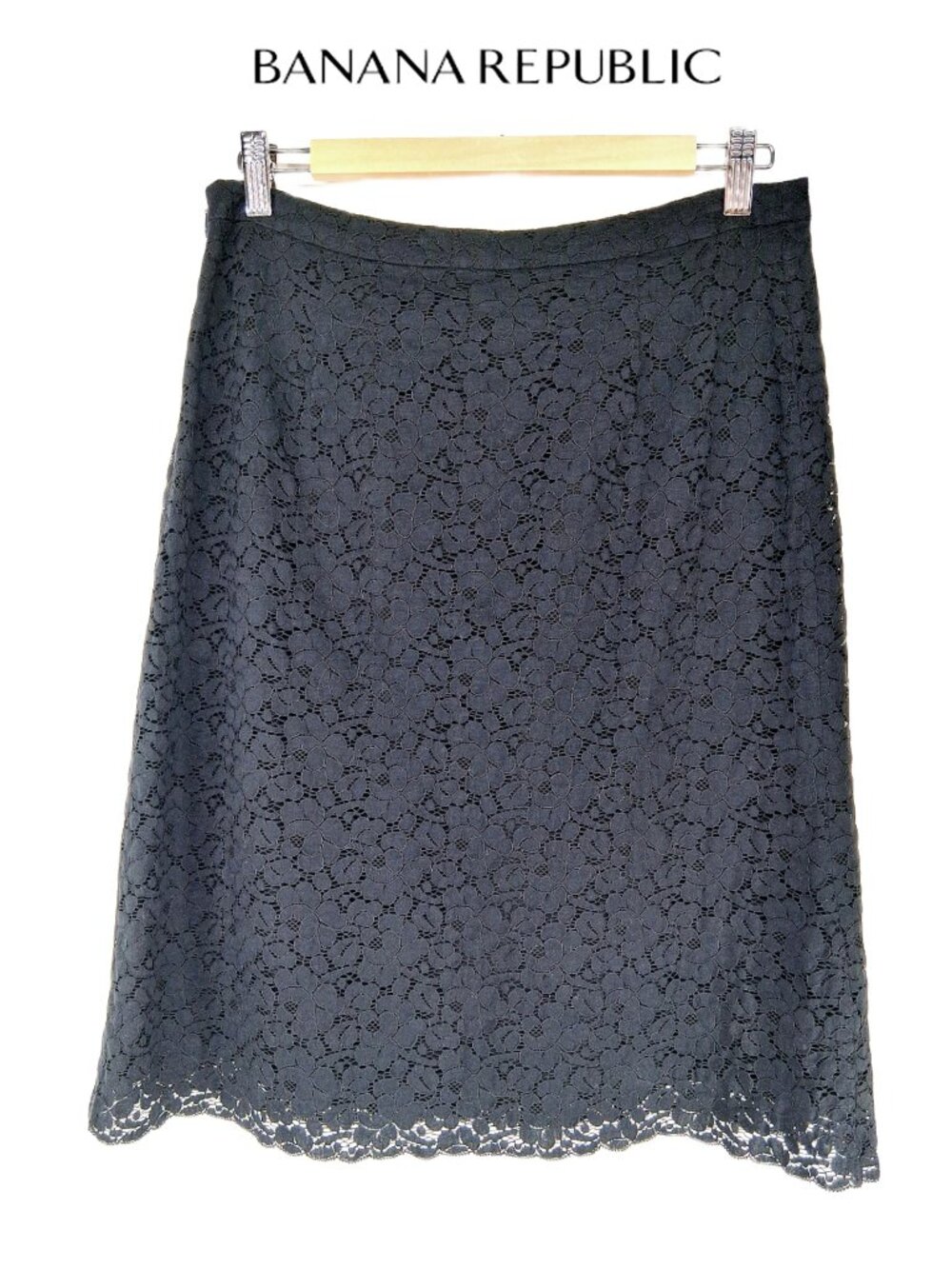 Banana Republic Cotton Blend Floral Lace Pencil Skirt Lined Black Office Sz 8